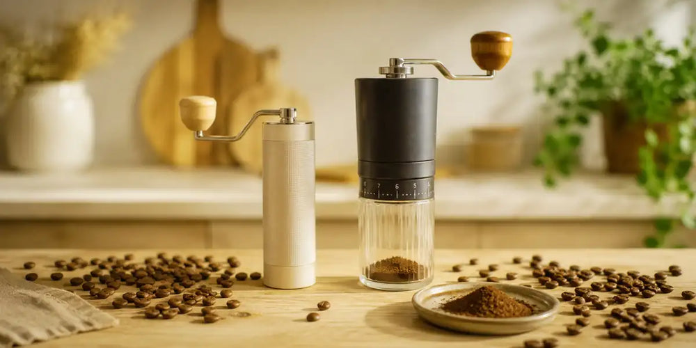 Dois moedores de café manuais lado a lado sobre bancada de madeira, um compacto e outro mais alto com recipiente numerado.
