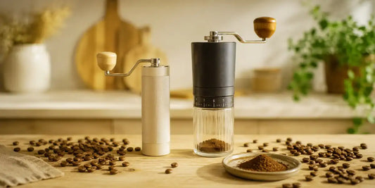 Dois moedores de café manuais lado a lado sobre bancada de madeira, um compacto e outro mais alto com recipiente numerado.