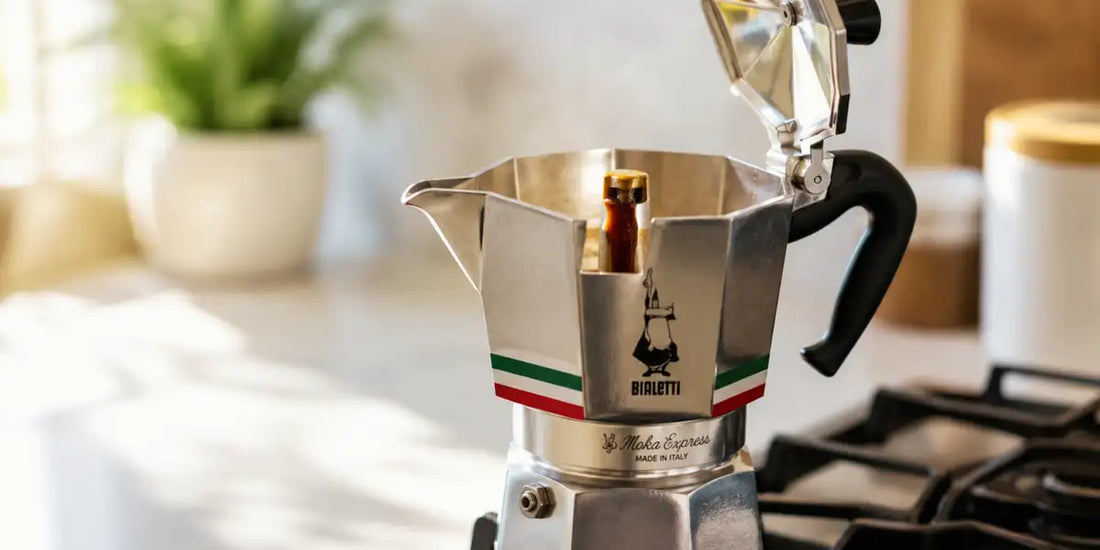 Moka Express Bialetti Italia sobre fogão a gás com café sendo extraído