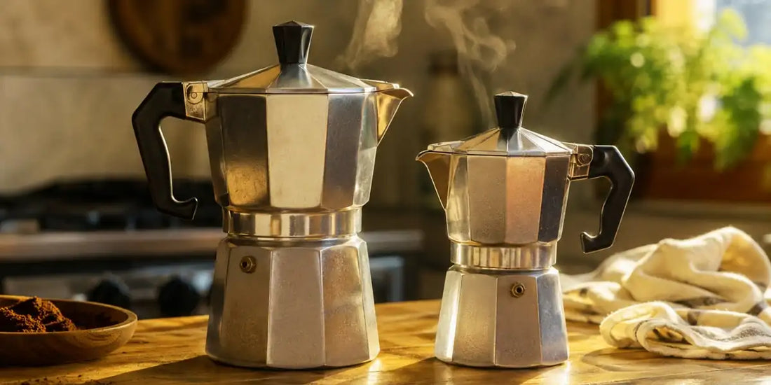 Cafeteira Moka Express de três xícaras e Mini Express de duas xícaras lado a lado em bancada de madeira, com vapor subindo