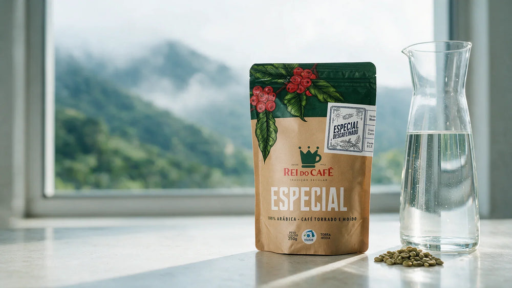 Café Especial Descafeinado Rei do Café, processado pelo método Mountain Water, ao lado de uma jarra de água