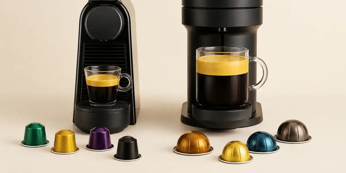 Máquina Nespresso Original com espresso e cápsulas cilíndricas ao lado de máquina Nespresso Vertuo com caneca grande e cápsulas em formato cúpula