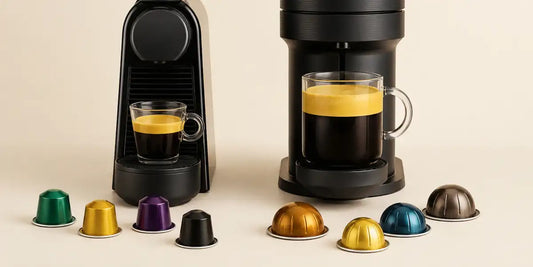 Máquina Nespresso Original com espresso e cápsulas cilíndricas ao lado de máquina Nespresso Vertuo com caneca grande e cápsulas em formato cúpula