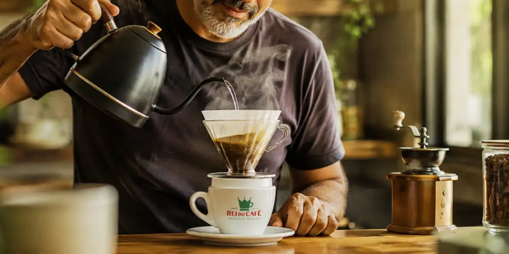 Pai barista amador preparando café coado com chaleira gooseneck sobre xícara Rei do Café, ao lado de moedor manual e grãos torrados