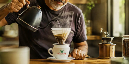 Pai barista amador preparando café coado com chaleira gooseneck sobre xícara Rei do Café, ao lado de moedor manual e grãos torrados