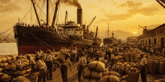 Trabalhadores carregando sacas de café no cais do porto de Santos, com navio a vapor ao pôr do sol, no auge do ciclo cafeeiro.