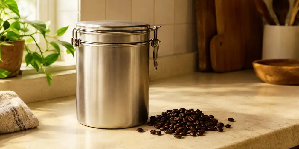 Pote hermético de aço inox com tampa de trava ao lado de grãos de café torrado em bancada iluminada por luz natural