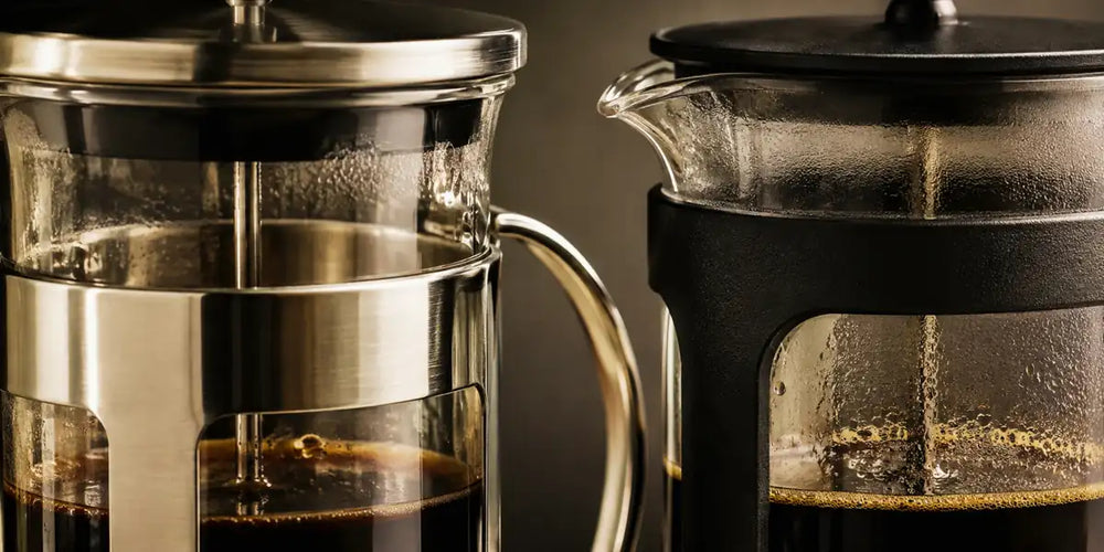 Detalhe do aço inox e da estrutura preta de duas prensas francesas com café recém-preparado