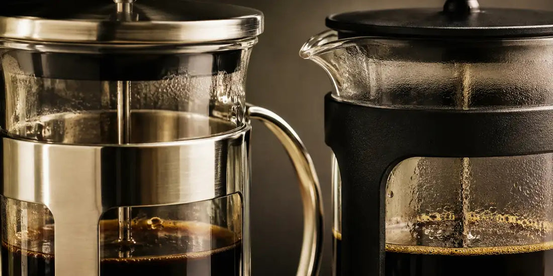 Detalhe do aço inox e da estrutura preta de duas prensas francesas com café recém-preparado
