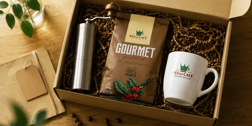 Caixa de presente para o Dia Internacional do Café com pacote de café especial Rei do Café Gourmet, moedor manual e caneca