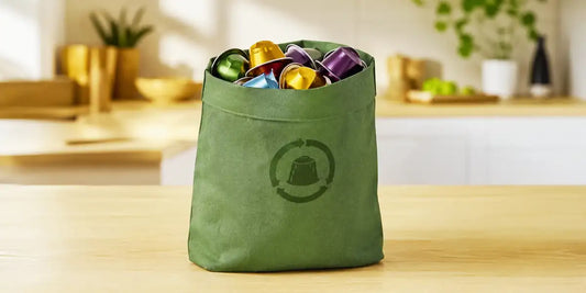 Sacola de reciclagem verde com cápsulas de alumínio coloridas usadas sobre bancada de cozinha