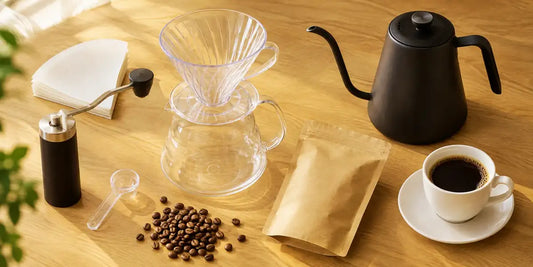 Setup de café coado completo com coador V60, jarra de vidro, moedor manual, chaleira pescoço de ganso e filtros sobre bancada de madeira