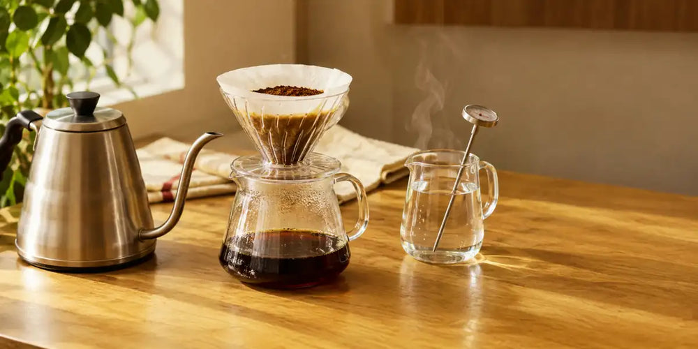 Chaleira de pescoço de ganso inox ao lado de termômetro de haste em jarra de água quente e coador V60 com café moído