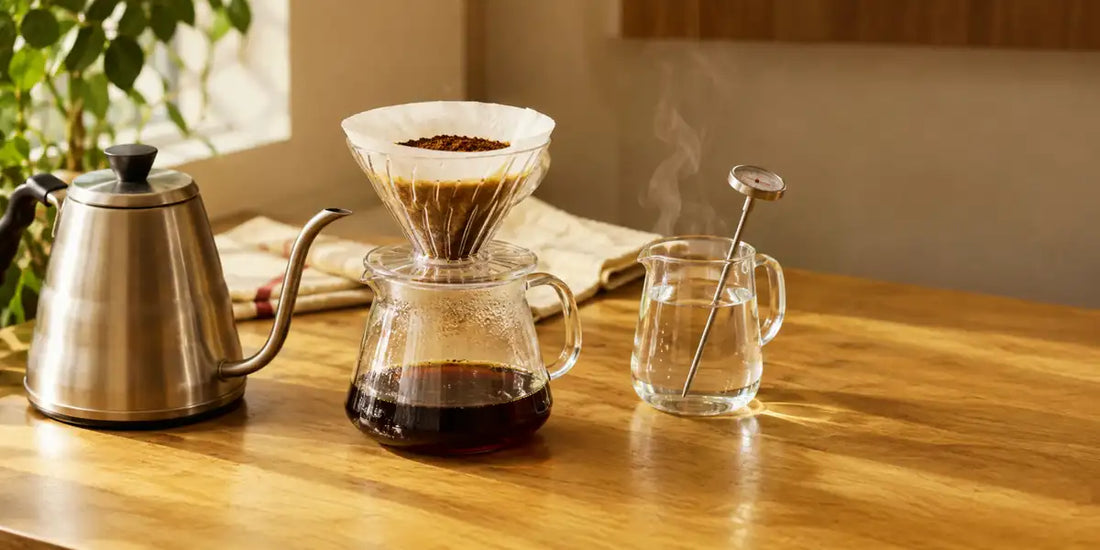 Chaleira de pescoço de ganso inox ao lado de termômetro de haste em jarra de água quente e coador V60 com café moído