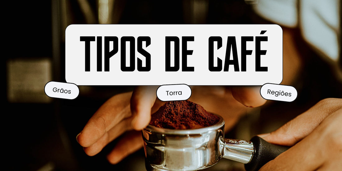 Portafiltro com café moído nas mãos de um barista, com os temas grãos, torra e regiões em destaque