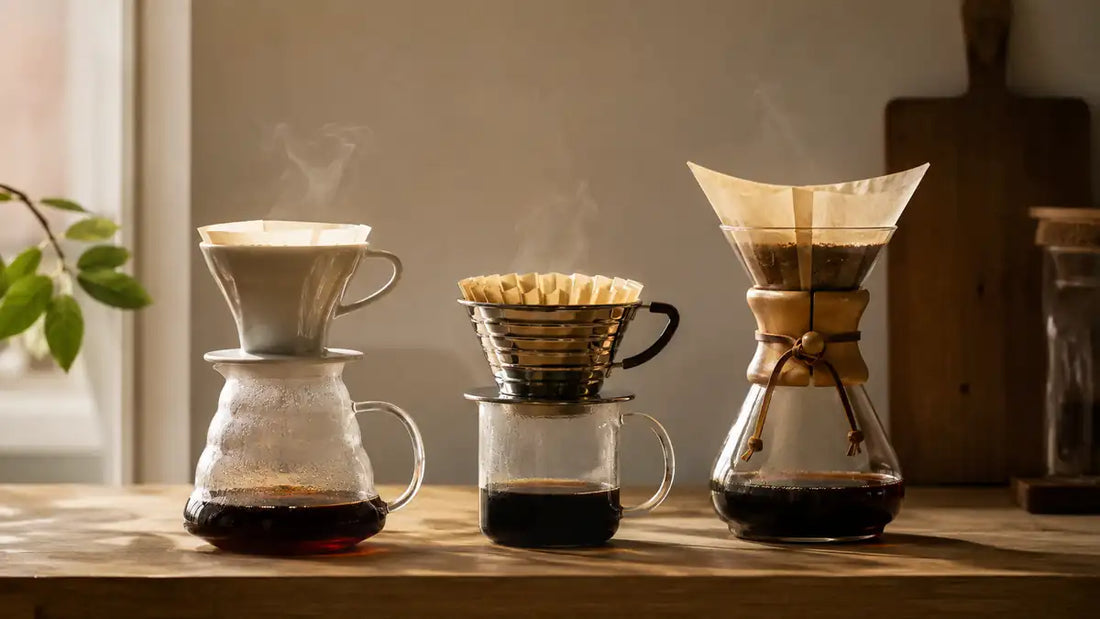 Coador V60, Kalita Wave e Chemex lado a lado sobre bancada de madeira para comparação de métodos de café coado.