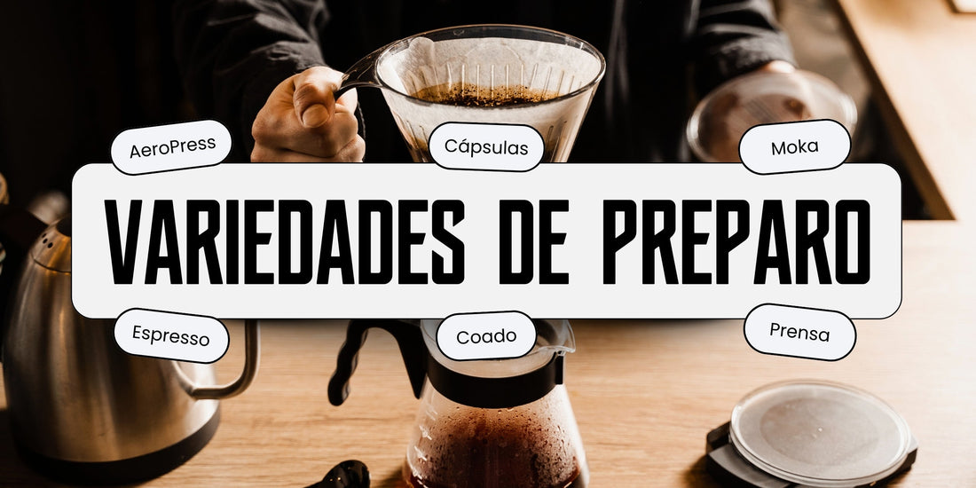 Variedades de preparo de café: pessoa preparando café no método coado com filtro V60, cercado por referências aos métodos AeroPress, Cápsulas, Moka, Espresso, Coado e Prensa Francesa