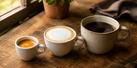 Xícara de espresso, xícara de cappuccino e caneca de café coado lado a lado mostrando a diferença de tamanho