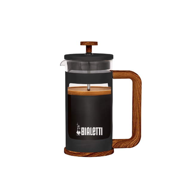 Prensa francesa Bialetti Woody 350ml preta com café, cabo com acabamento que imita madeira