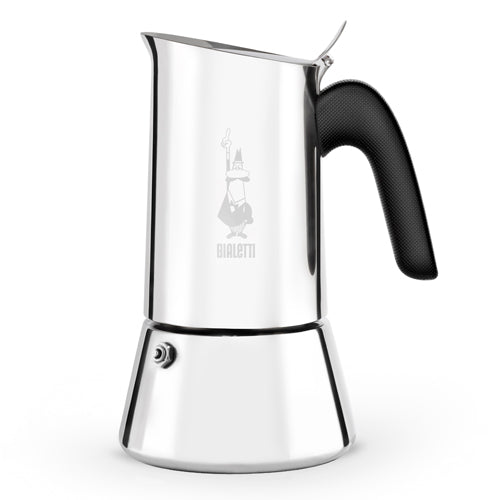 Cafeteira italiana Bialetti Venus em aço inox com cabo preto, vista lateral