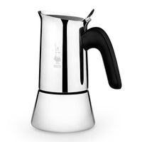 Cafeteira italiana Bialetti Venus inox, vista em ângulo com a tampa e o bico