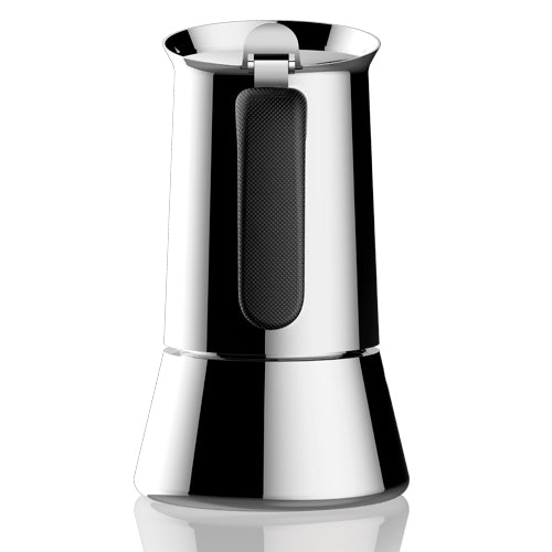 Cafeteira italiana Bialetti Venus inox vista de trás, com o cabo preto em nylon
