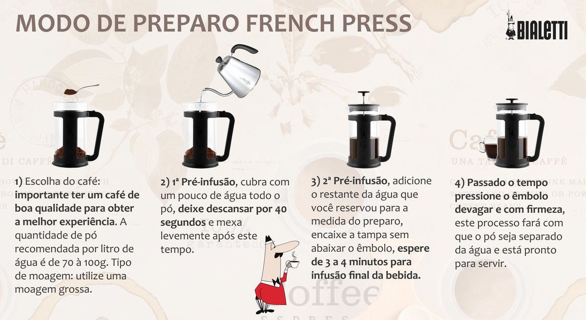 Modo de preparo na prensa francesa Bialetti: moagem grossa, pré-infusão de 40 segundos e 3 a 4 minutos de infusão