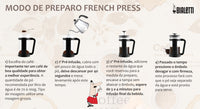 Modo de preparo na prensa francesa Bialetti: moagem grossa, pré-infusão de 40 segundos e 3 a 4 minutos de infusão
