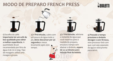 Modo de preparo na prensa francesa Bialetti: moagem grossa, pré-infusão de 40 segundos e 3 a 4 minutos de infusão