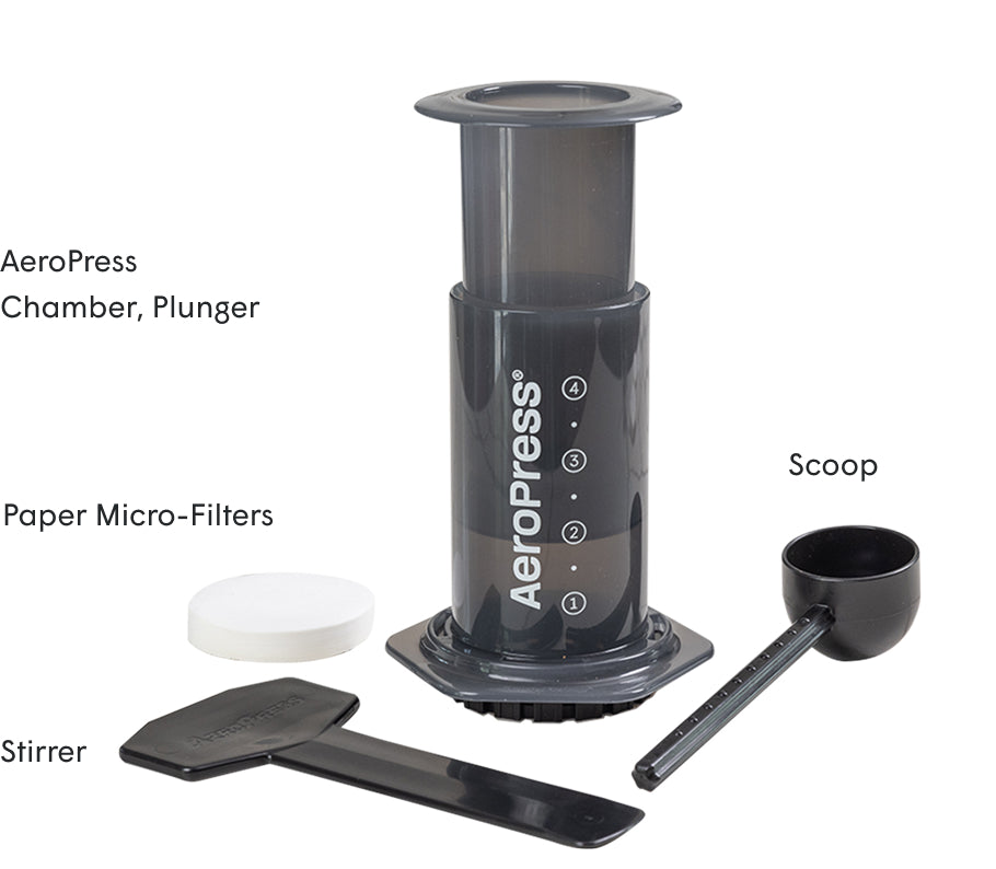 Itens que acompanham a AeroPress Original: câmara, êmbolo, microfiltros de papel, colher medidora e pá para mexer