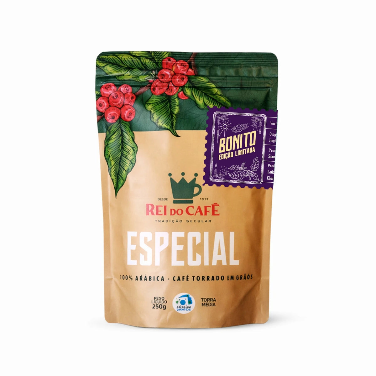 Pacote de café Rei do Café Bonito Edição Limitada, especial 100% arábica torrado em grãos, torra média, 250g, com selo de edição limitada