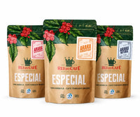 Trio de Café Especial Rei do Café da linha Arara, versão torrado e moído: Cereja Descascado, Fermentado e Natural, 250g cada, 100% arábica, sobre fundo branco