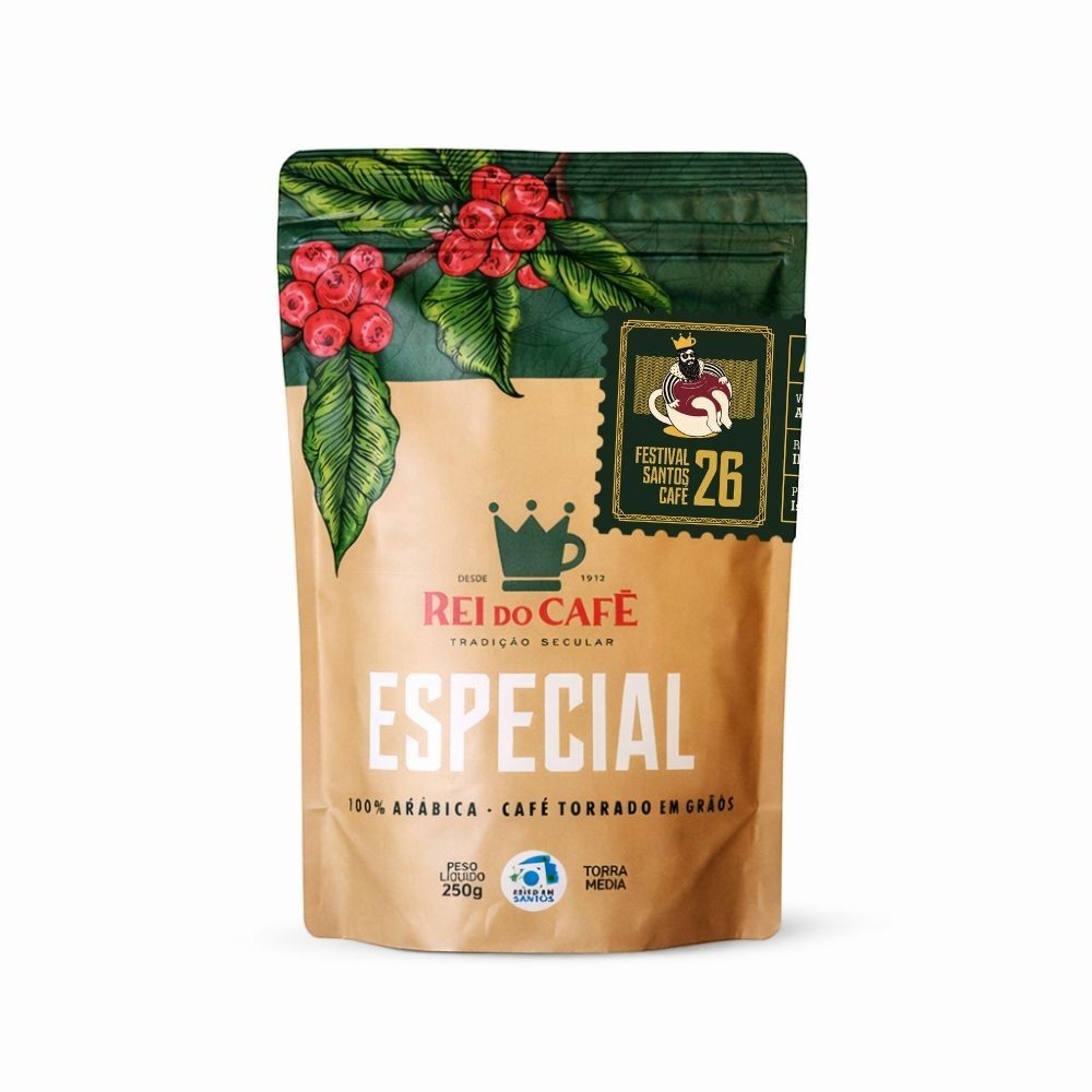 Embalagem de café em grãos Rei do Café Festival 26 edição limitada com design artesanal e tons terrosos
