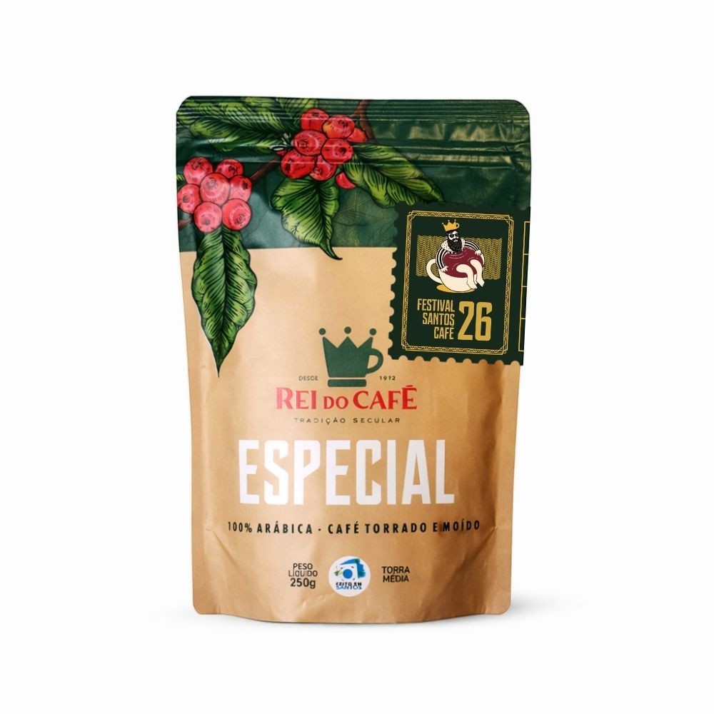 Embalagem de café Rei do Café Festival 26 edição limitada, café arábica torrado e moído em pacote de 250g