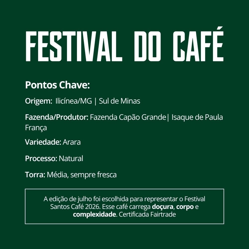 Cartão informativo Rei do Café sobre o café Festival 26 edição limitada de julho com detalhes de origem e torra