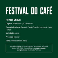 Cartão informativo Rei do Café sobre o café Festival 26 edição limitada de julho com detalhes de origem e torra