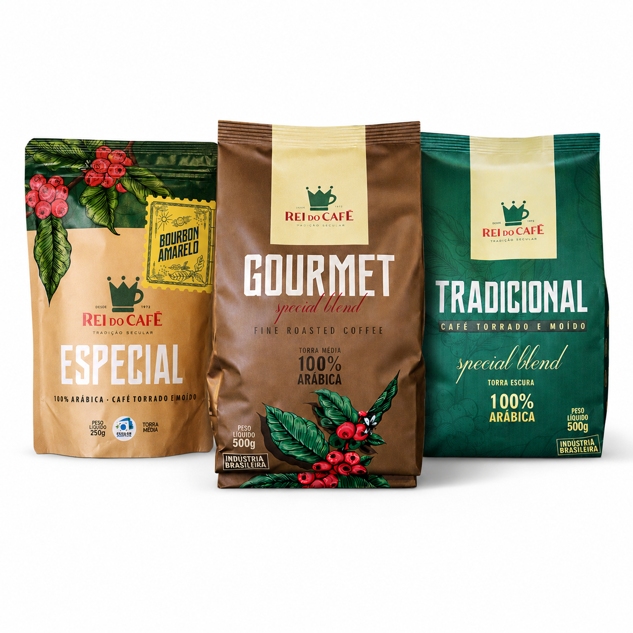 Kit Rei do Café com Café Tradicional 500g, Café Gourmet 500g e Bourbon Amarelo Especial 250g.