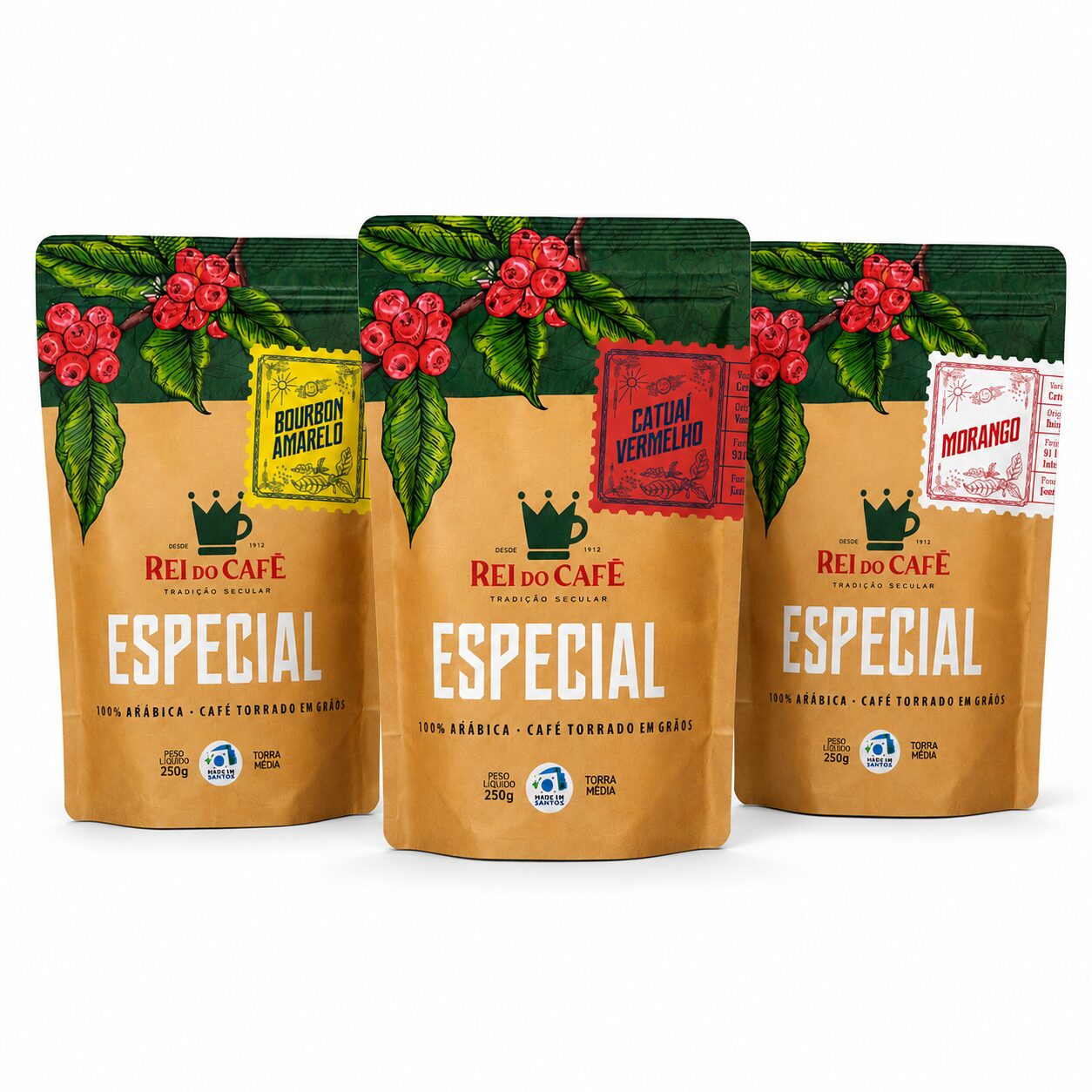 Kit Especiais do Rei: 3 cafés especiais Bourbon Amarelo, Catuaí Vermelho e Morango da Rei do Café