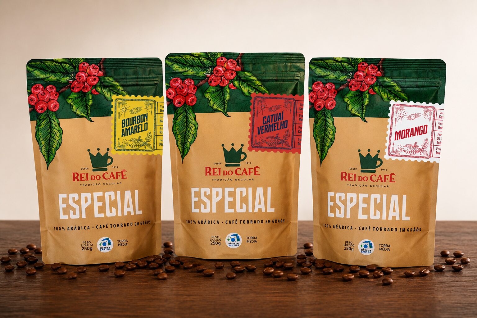 Kit Especiais do Rei: 3 pacotes de café especial 250g Bourbon Amarelo, Catuaí Vermelho e Morango, da Rei do Café