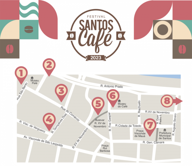 imagem do mapa onde ocorrrerão as atrações do Festival Santos Café 2023