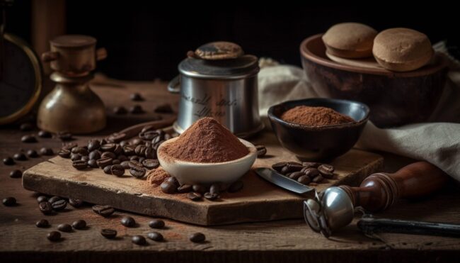 imagem de café em grãos e em pó em alusão ao blend de café